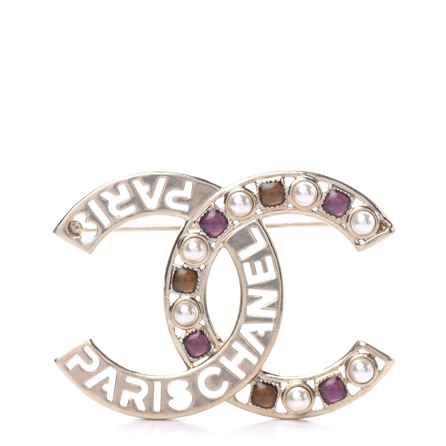 Crystal Pearl Glass CC Logo Brooch Gold Pink Orange