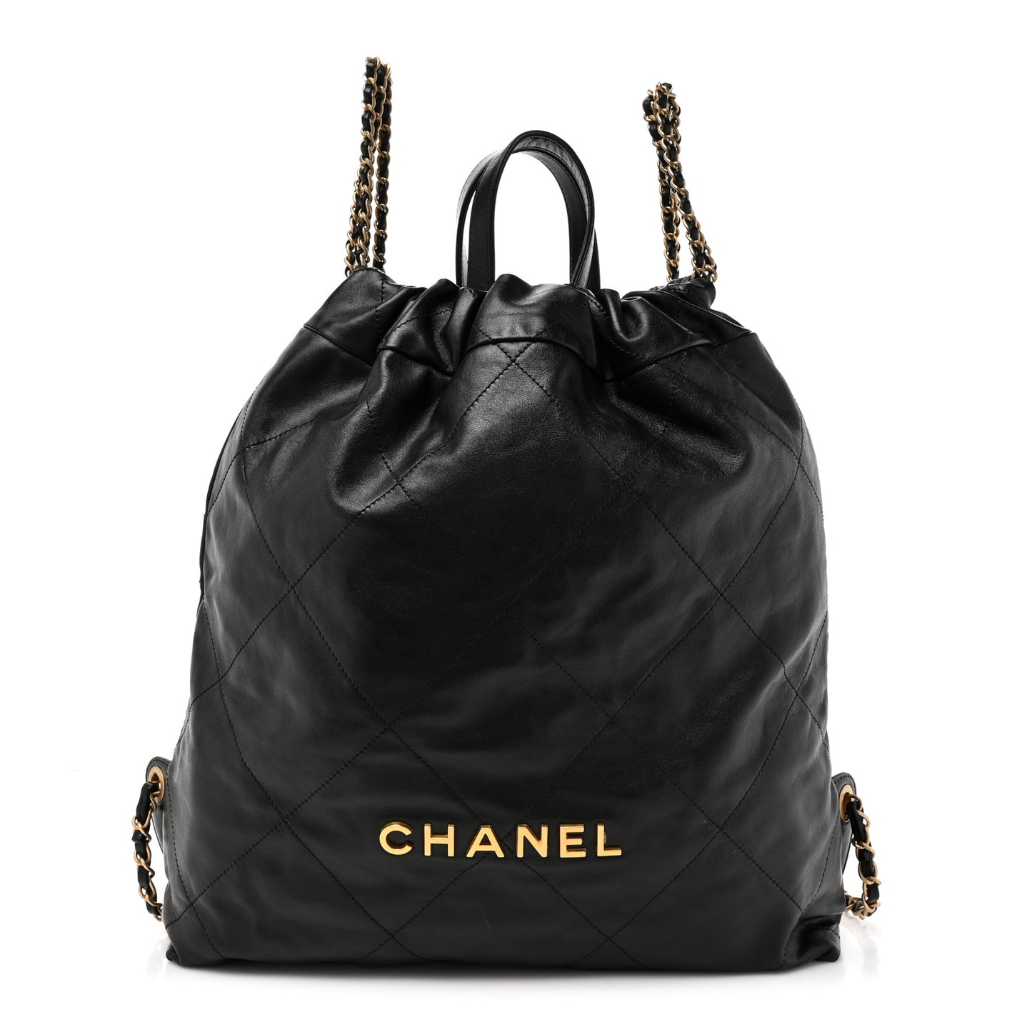 Shiny Calfskin Quilted Chanel 22 Backpack Black