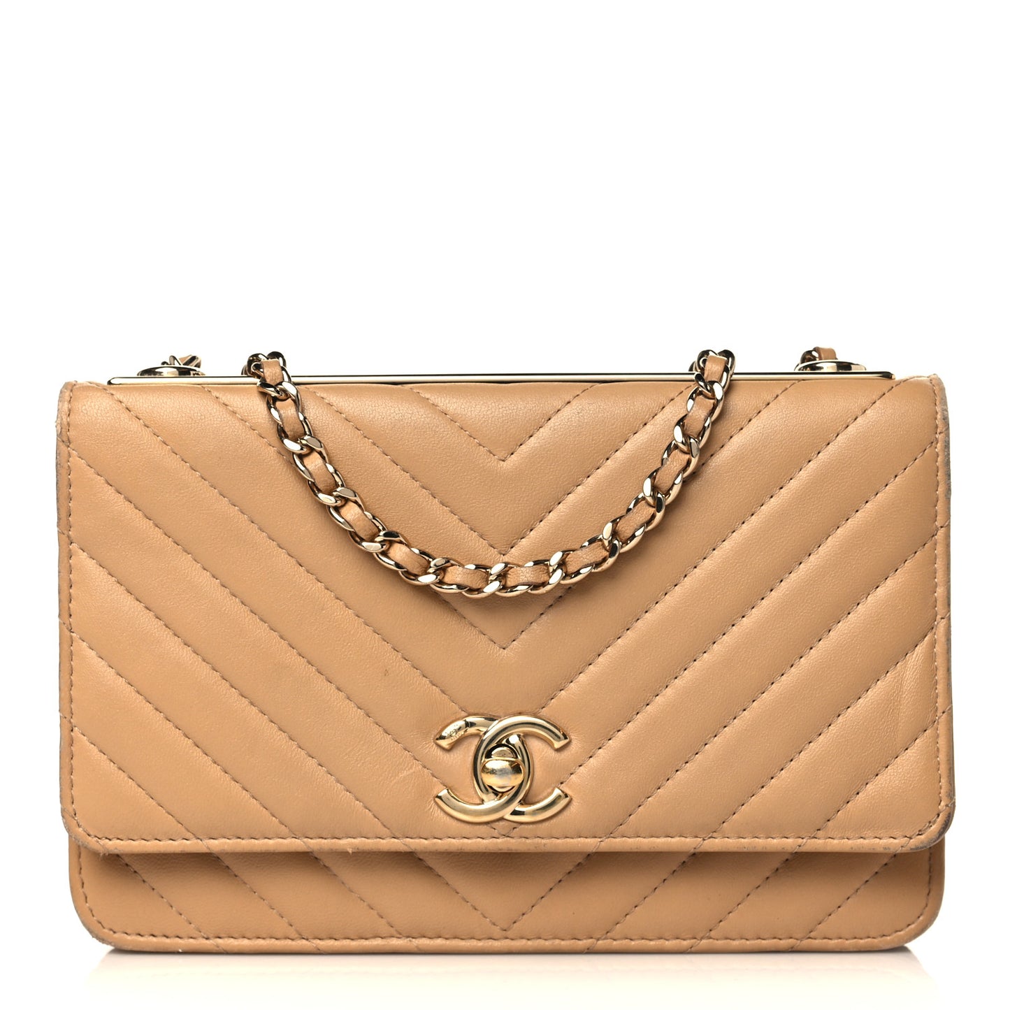 Lambskin Chevron Quilted Trendy CC Wallet On Chain WOC Beige