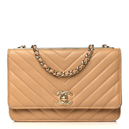 Chanel Lambskin Chevron Quilted Trendy CC Wallet On Chain WOC Beige 1 of 13