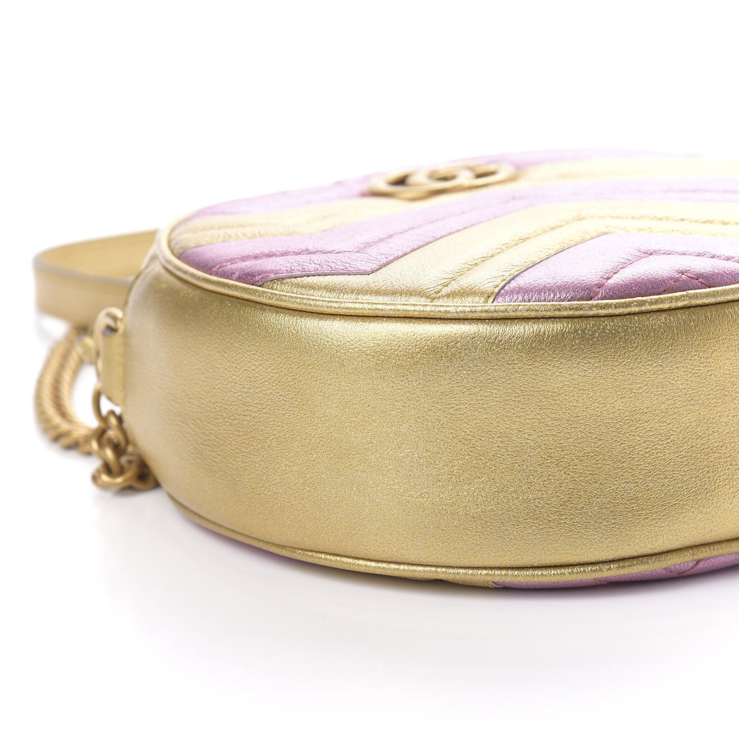 Metallic Calfskin Matelasse Mini GG Marmont Round Shoulder Bag Gold Pink