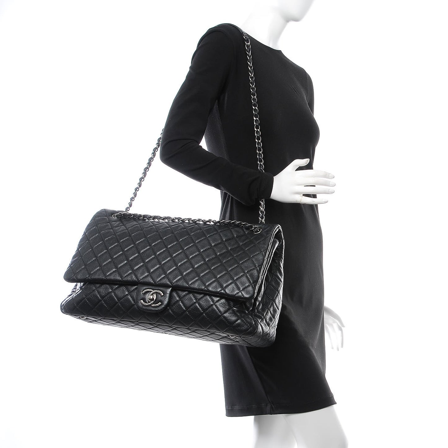 Calfskin Quilted XXL Travel Flap Bag Black