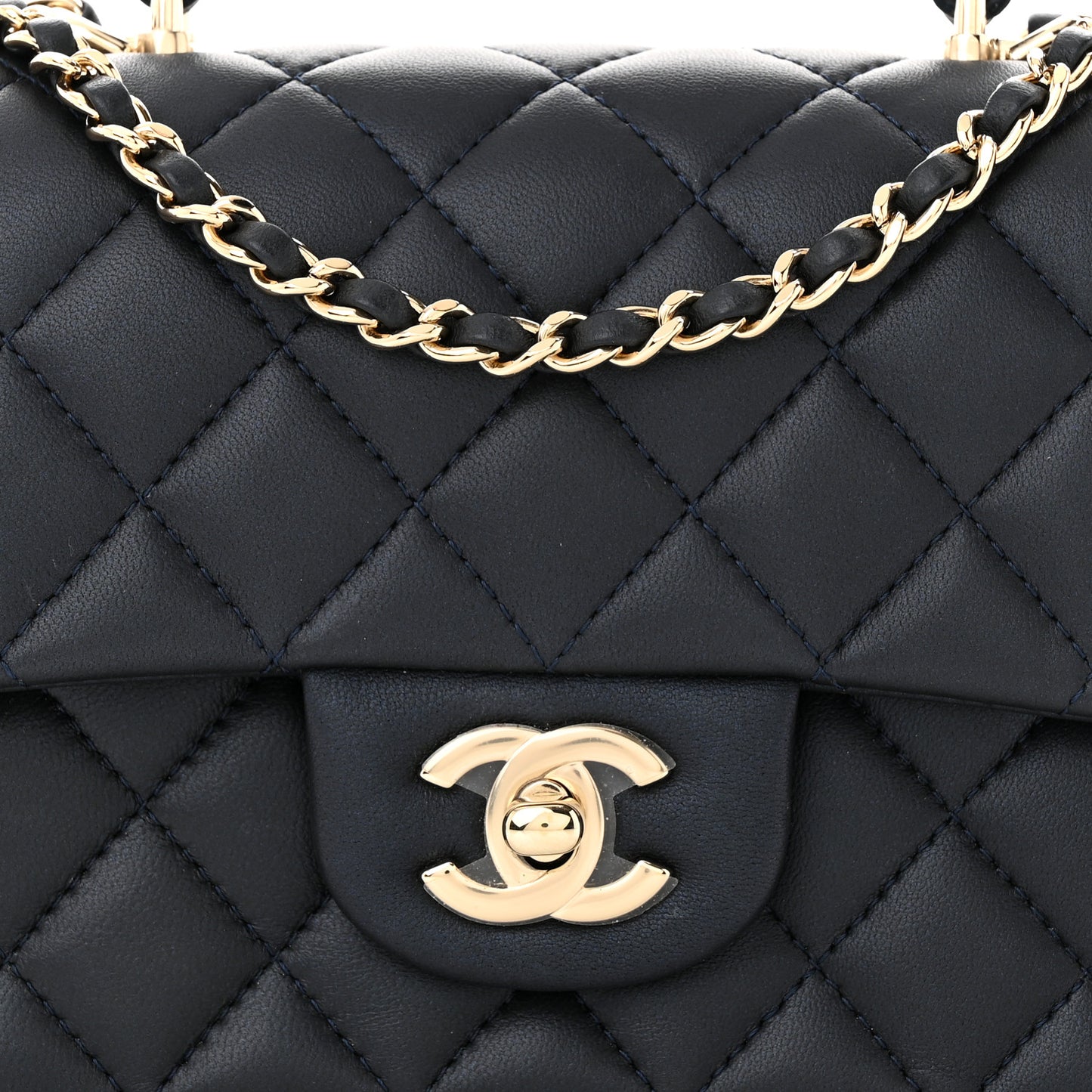 Iridescent Lambskin Quilted Mini Top Handle Rectangular Flap Dark Blue