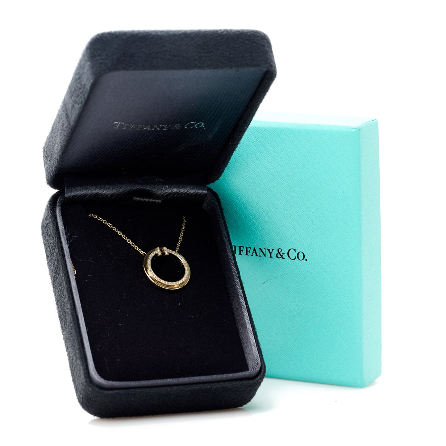 18K Yellow Gold Diamond Black Onyx 16mm T Circle Pendant Necklace