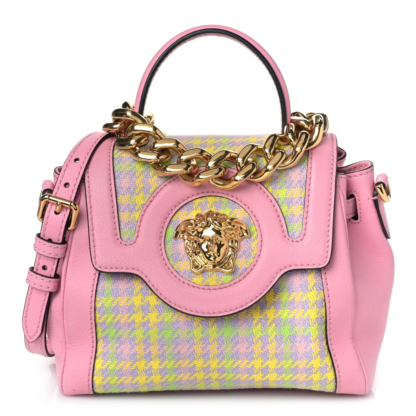 Calfskin Tweed Medusa Small Top Handle Handbag Baby Pink Pineapple