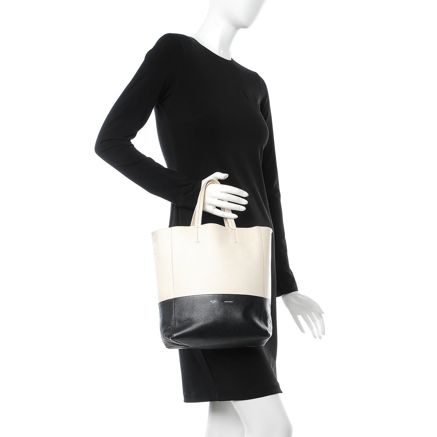 Grained Calfskin Small Vertical Bi-Cabas Cream Black