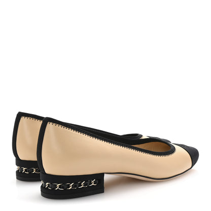 Chanel Lambskin Grosgrain Cap Toe Chain Pumps 38 Beige Black 5 of 10