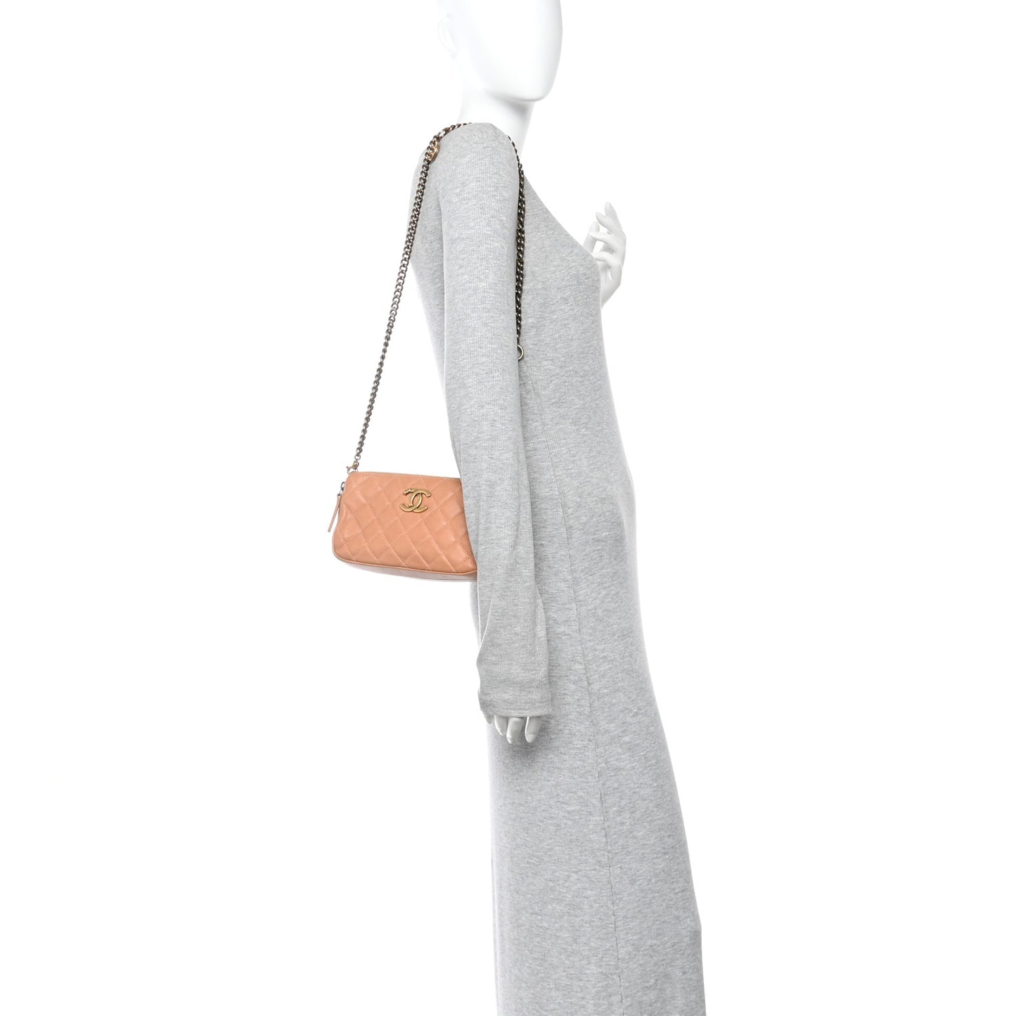 Calfskin Quilted Crown CC Double Zip Bag Beige