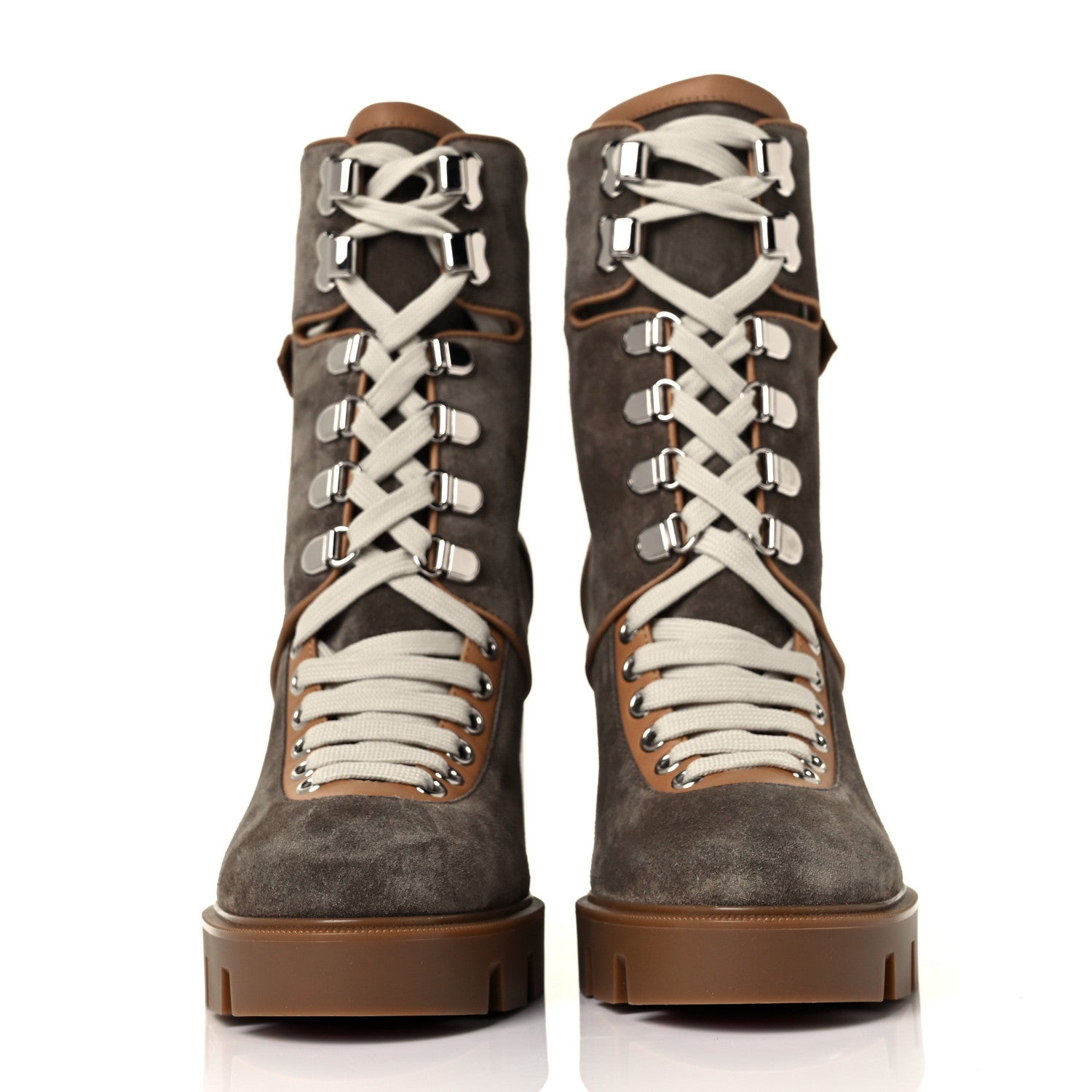Christian Louboutin Suede Calfskin Macademia 100 Biker Platform Boots 38.5 Silex Light Cuir Dark Beige 2 of 7
