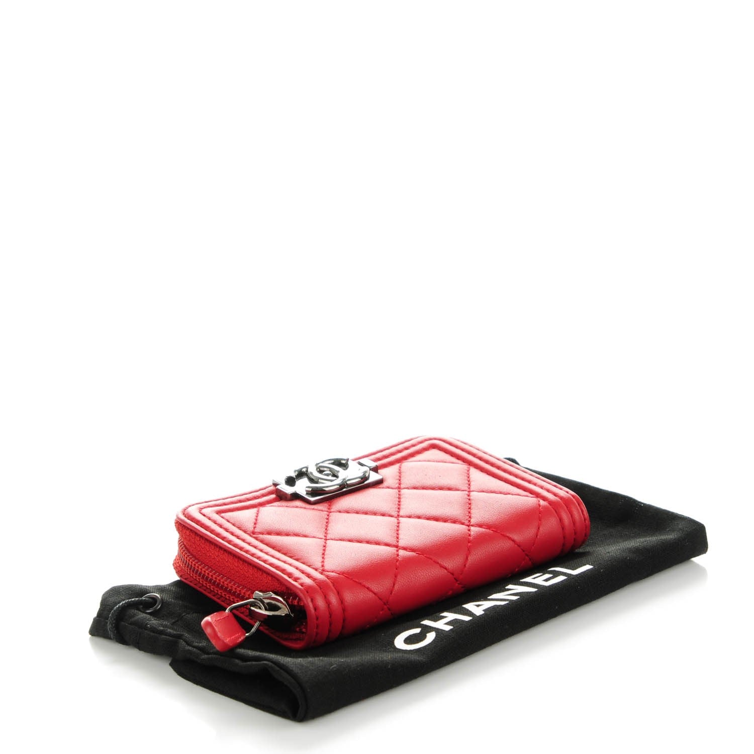 Chanel Lambskin Quilted Boy Zip Around Coin Purse Wallet Red 4 of 7