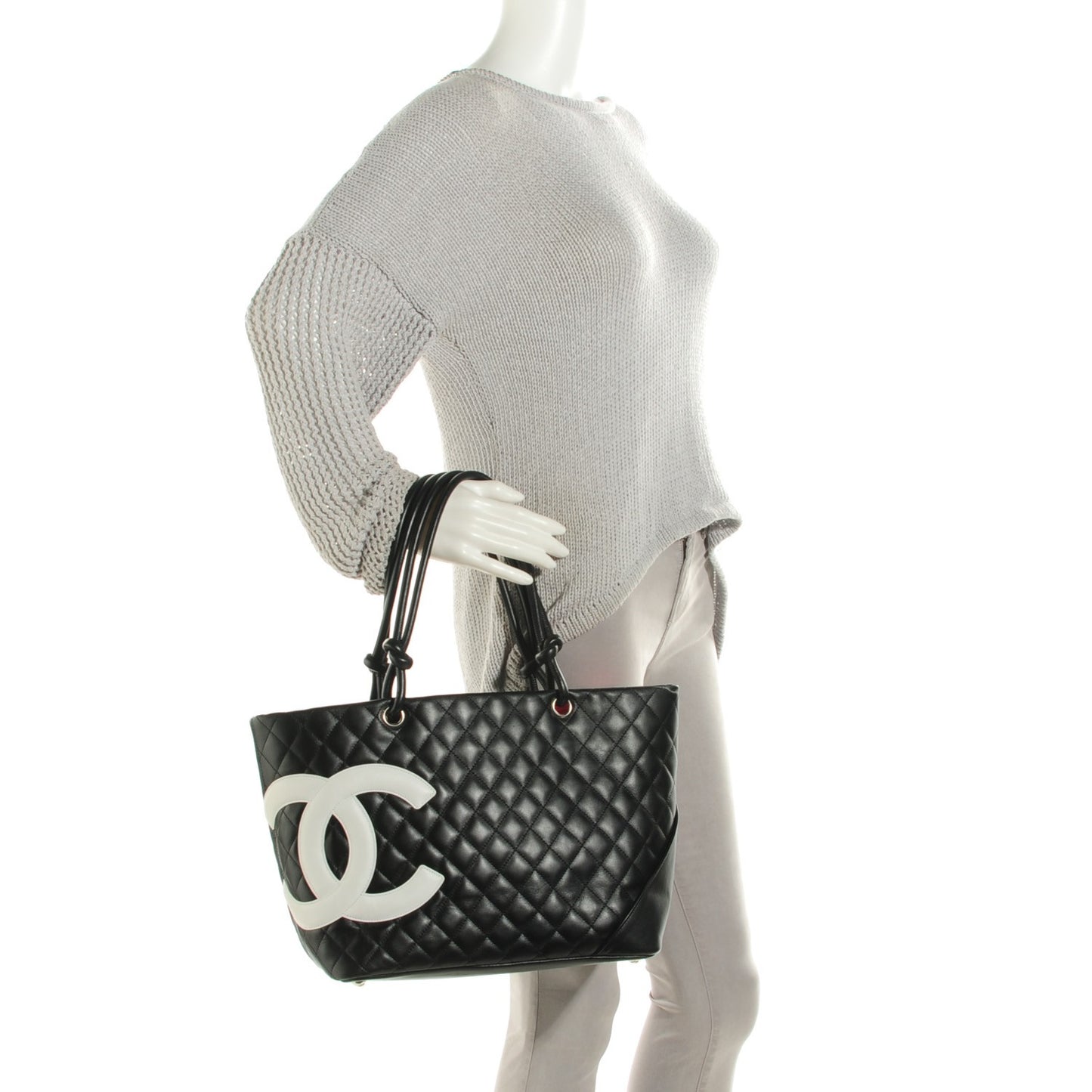 Calfskin Quilted Large Cambon Tote Black White