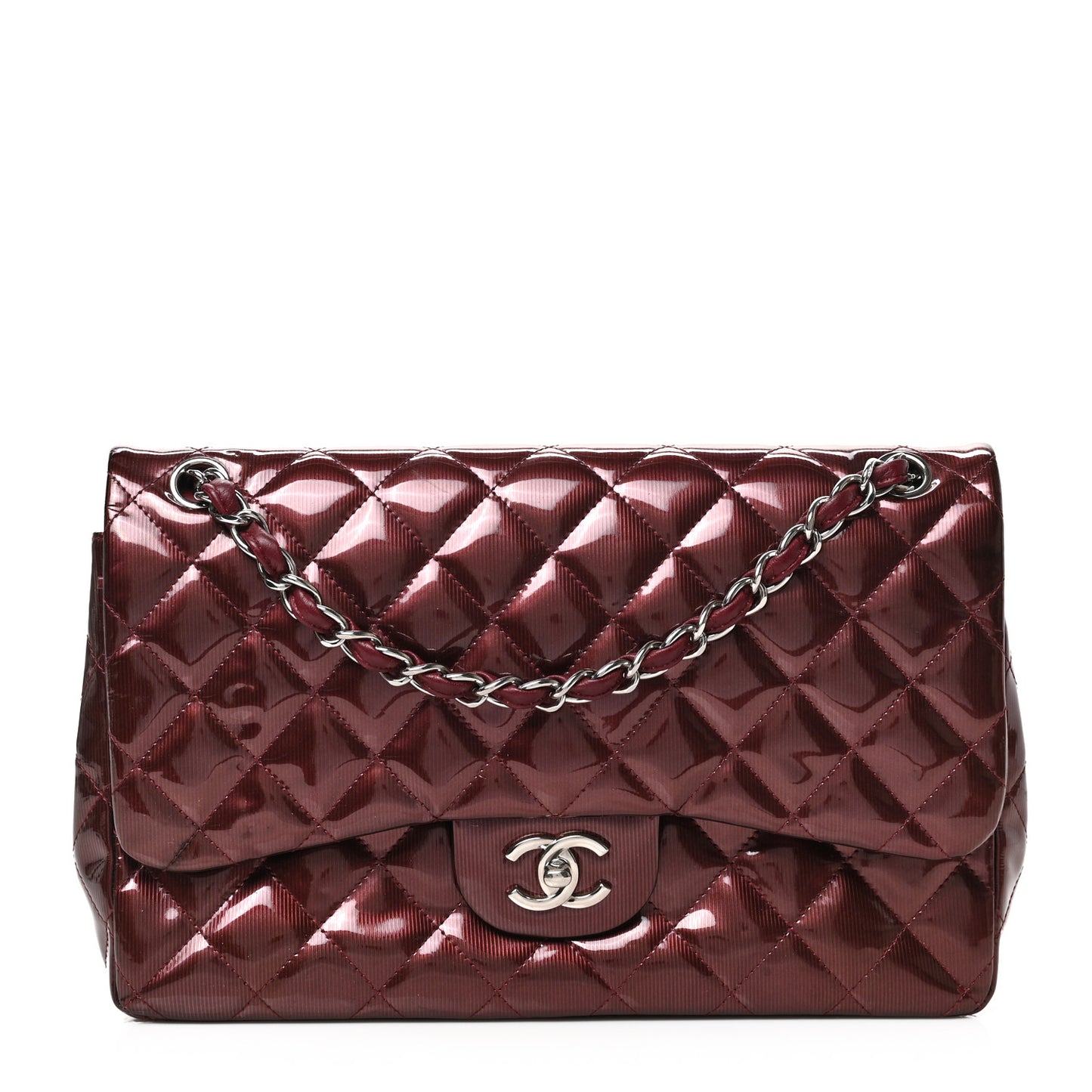 Striated Patent Quilted Jumbo Double Flap Burgundy
