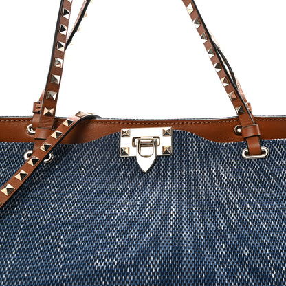 Valentino Garavani Denim Large Rockstud Tote Blue Brown 7 of 9