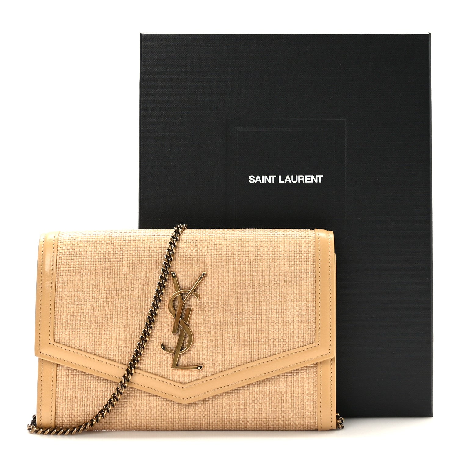 Saint Laurent Micro Raffia Monogram Uptown Chain Wallet Natural Hay Blush 9 of 9
