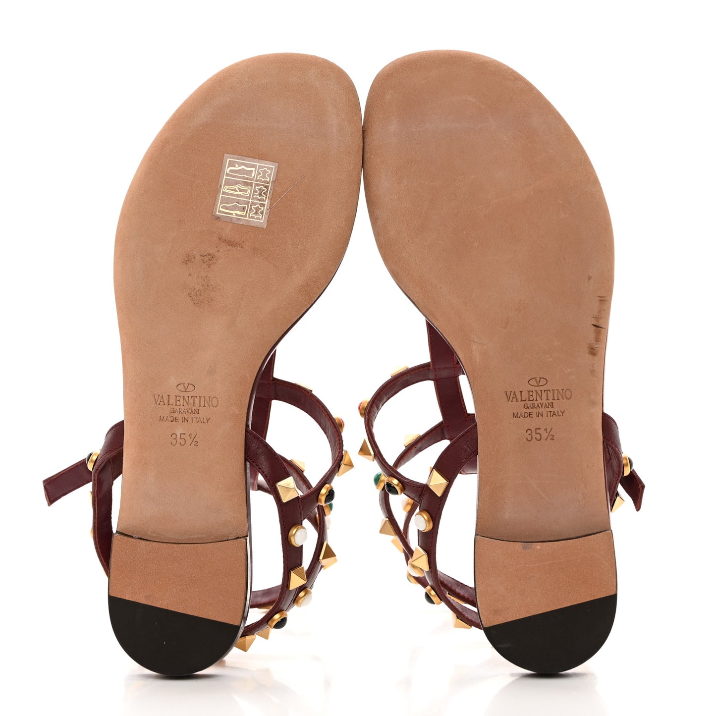 Calfskin Rockstud Rolling Cabochon Ankle Wrap Flat Thong Sandals 35.5 Cacao