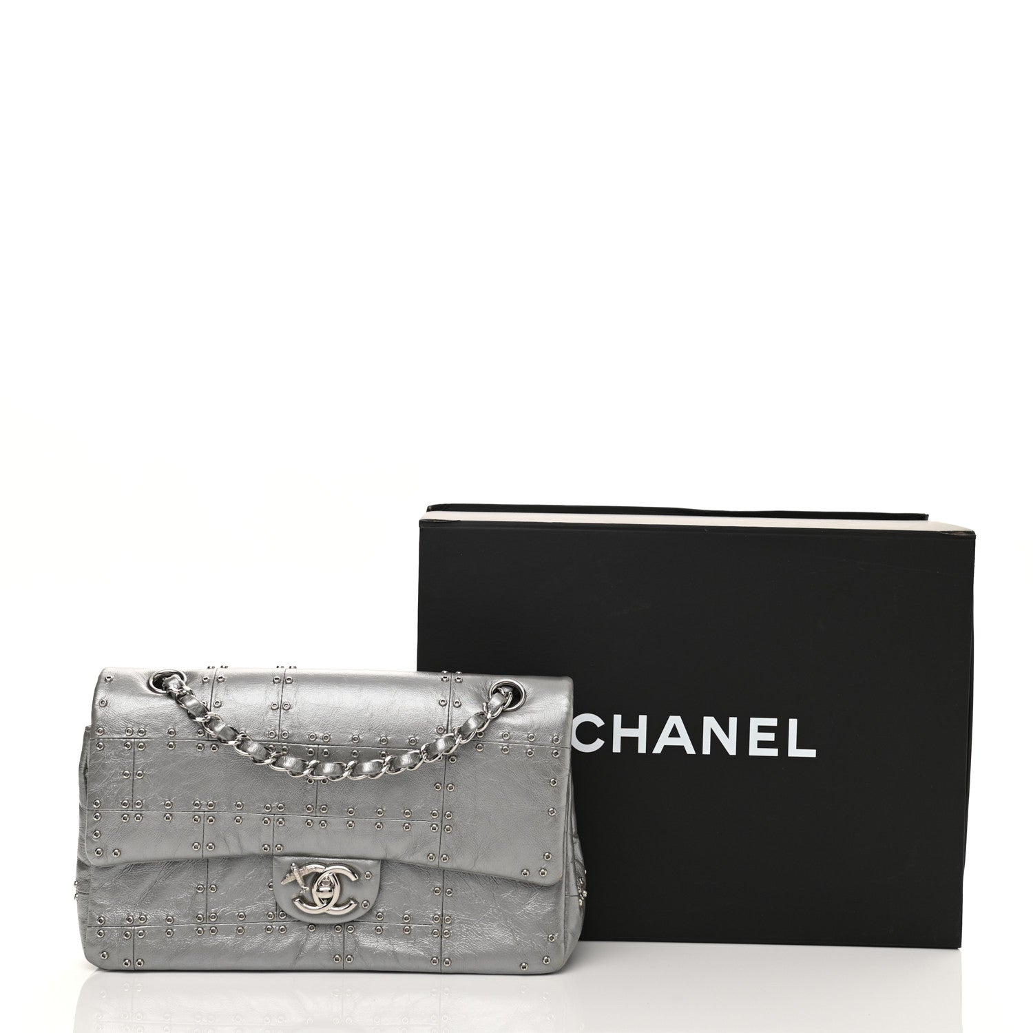 Chanel Glazed Calfskin Grommet Embellished Medium Airline Double Flap Silver 13 of 13