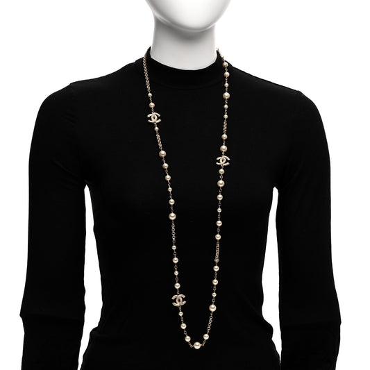 Pearl CC Long Necklace Light Gold