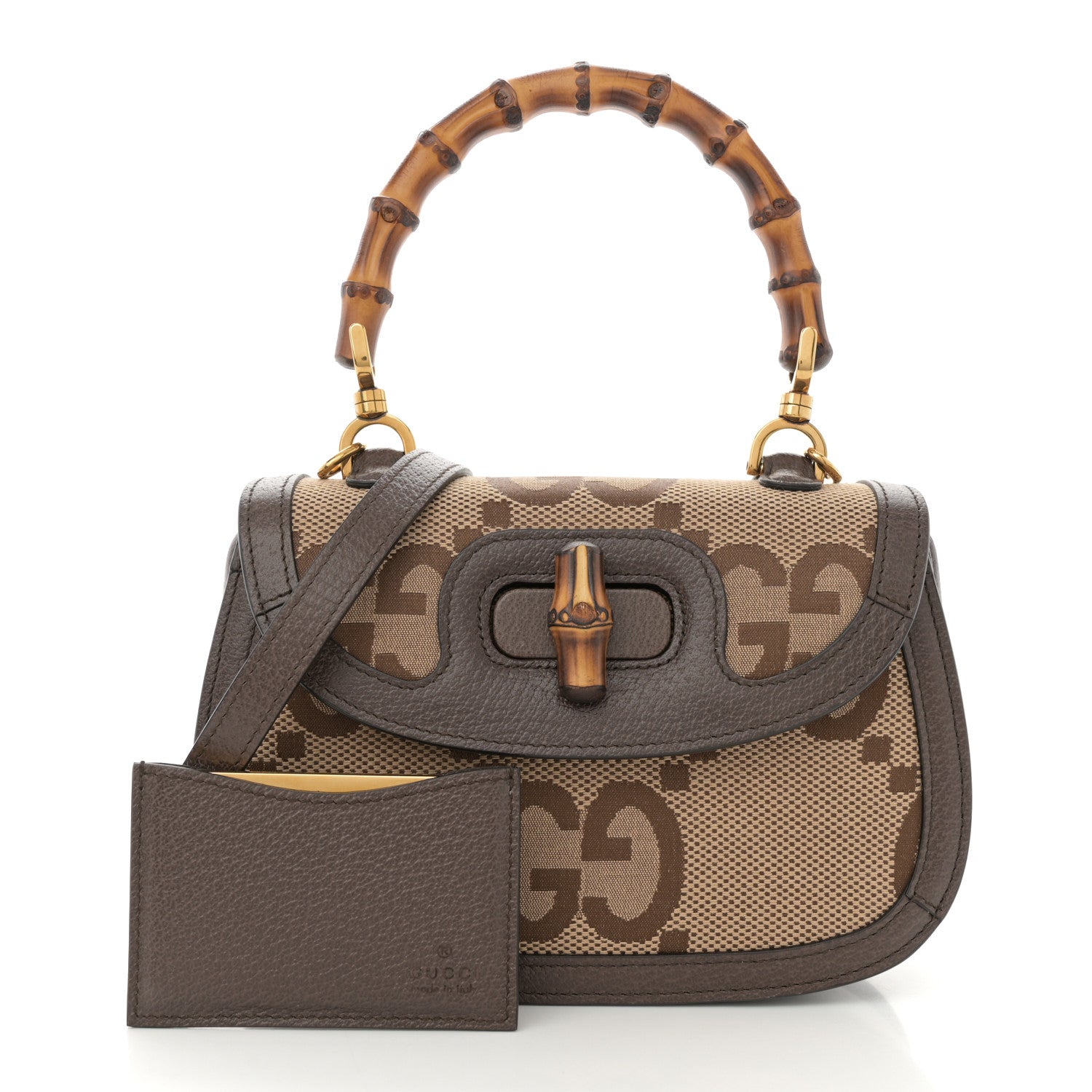 Gucci Monogram Jumbo GG Textured Dollar Calfskin Web Small Bamboo 1947 Top Handle Bag Camel Ebony New Acero 2 of 12