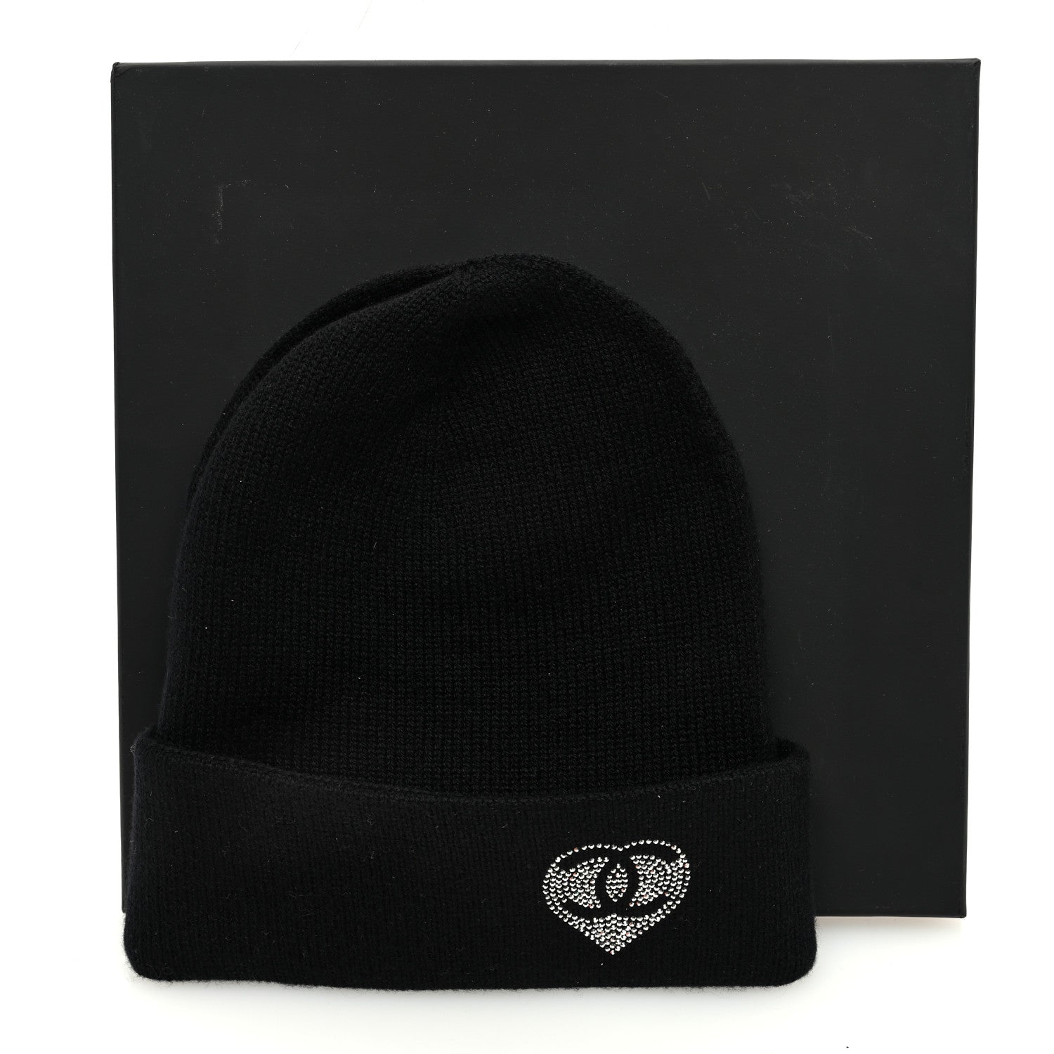 Chanel Cashmere Crystal CC Heart Beanie Hat Black 6 of 6