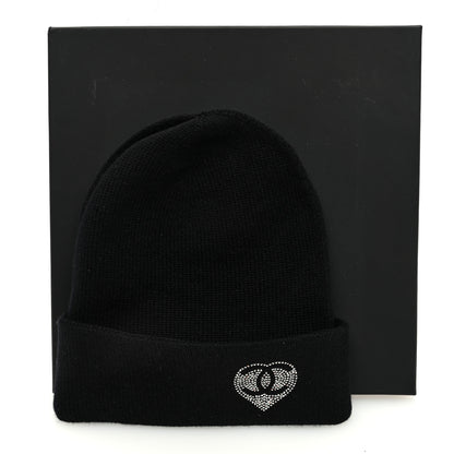 Chanel Cashmere Crystal CC Heart Beanie Hat Black 6 of 6