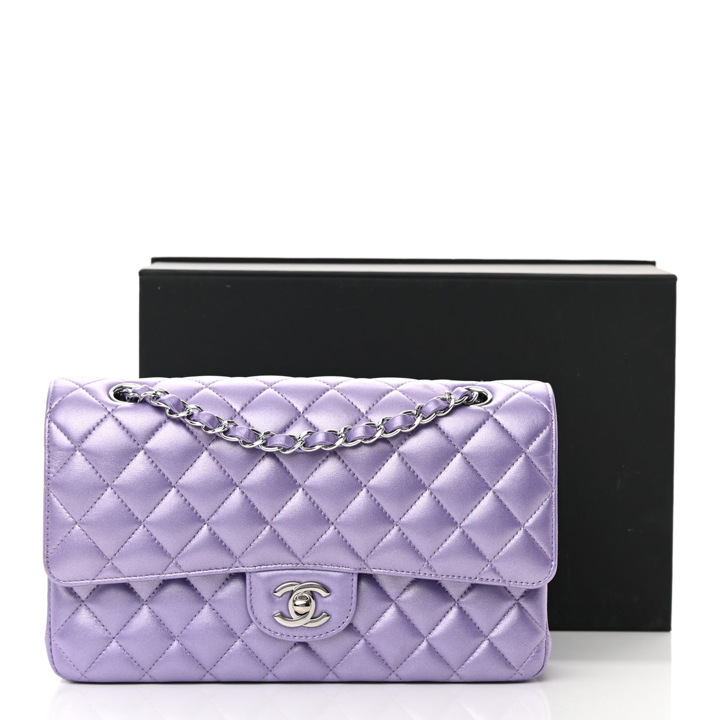 Metallic Lambskin Quilted Medium Double Flap Purple