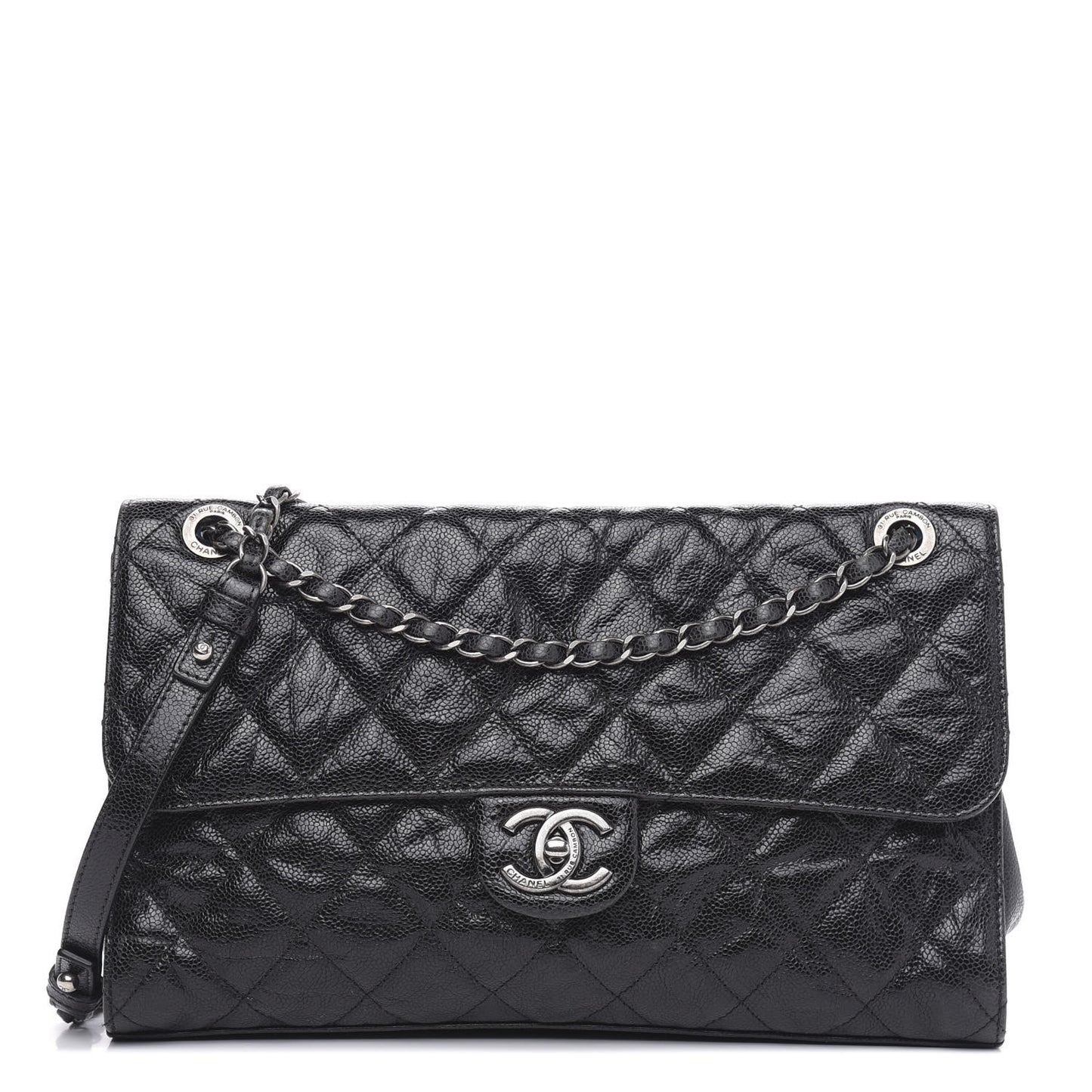 Crumpled Grained Calfskin Jumbo CC Crave Flap Black