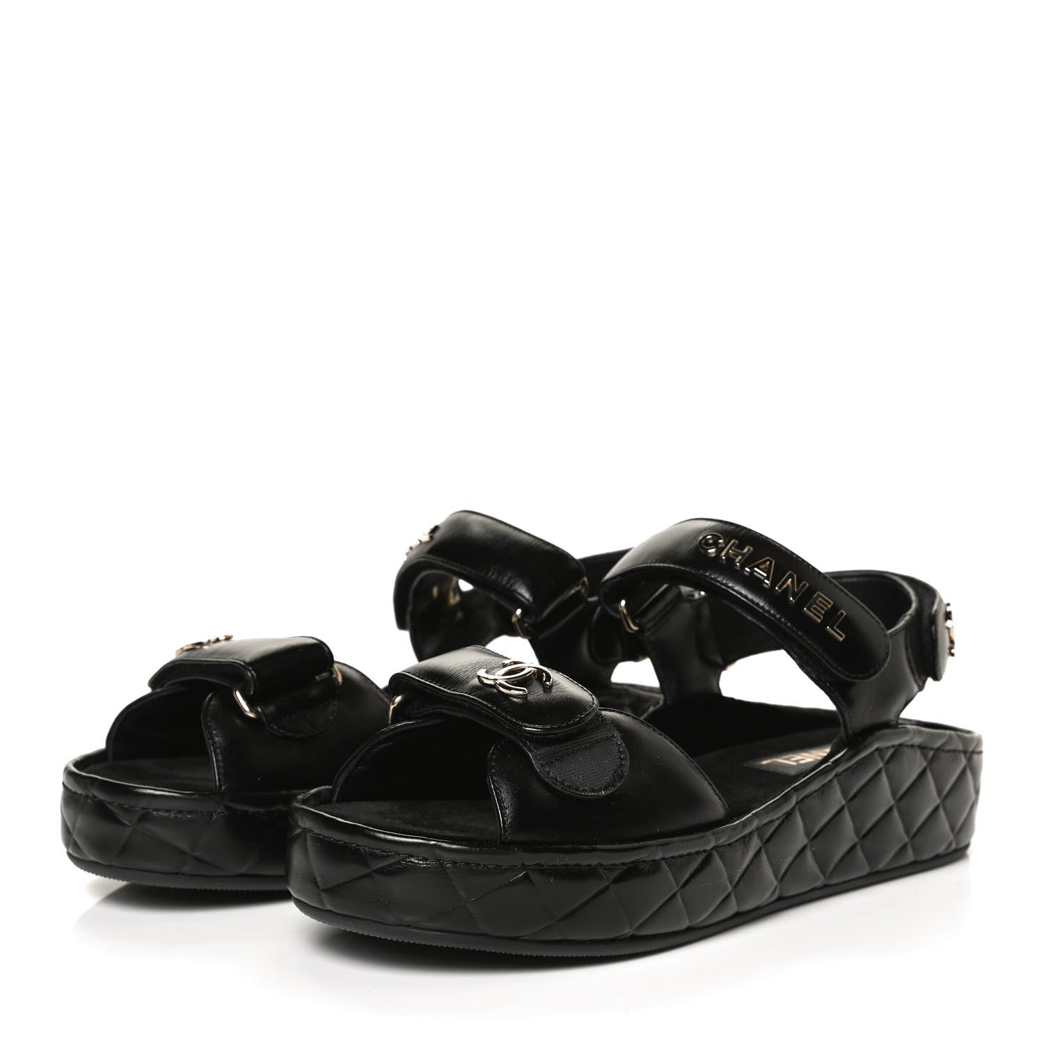 Chanel Shiny Calfskin Logo Platform Sandals 38 Black 3 of 13