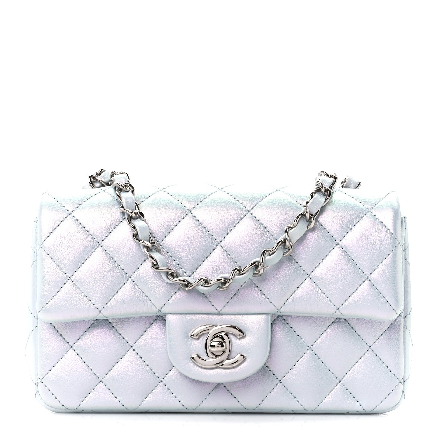 Iridescent Calfskin Quilted Mini Rectangular Flap Light Blue