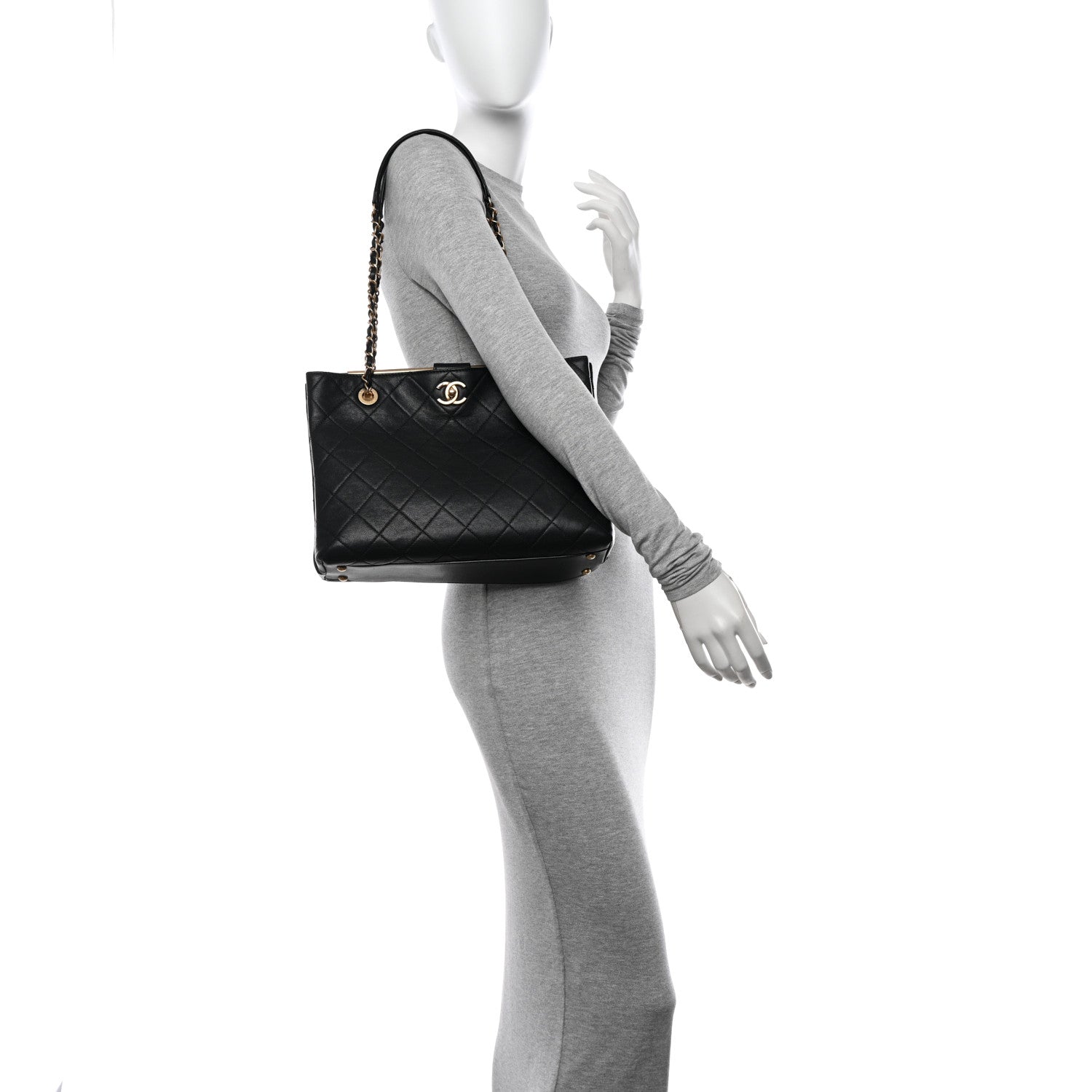 Chanel Lambskin Quilted Signature Plate Large Shopping Tote Black 2 of 10