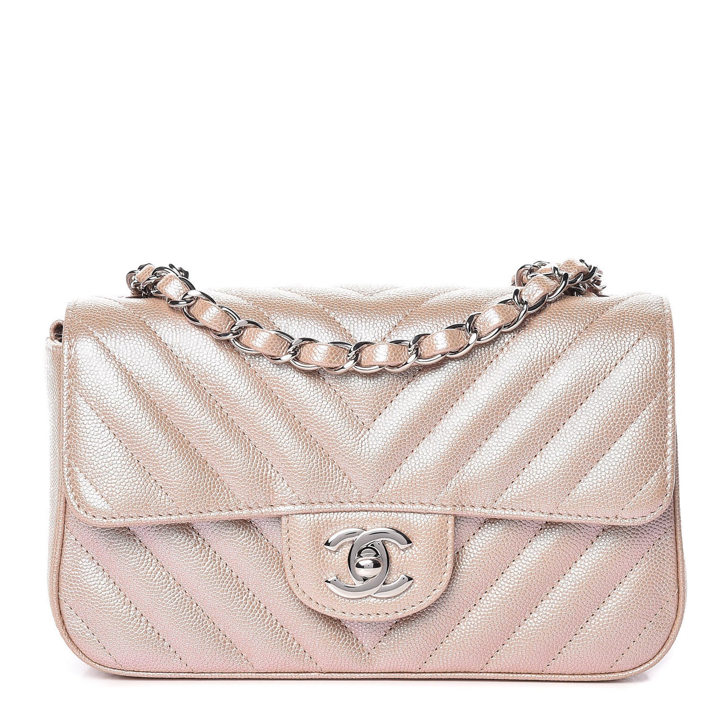 Iridescent Caviar Chevron Quilted Mini Rectangular Flap Light Gold
