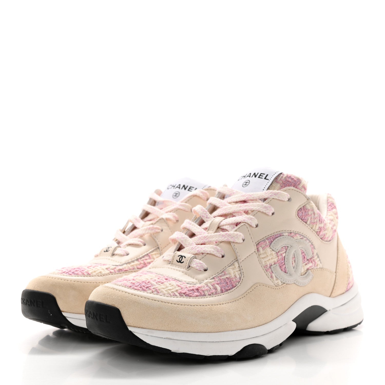 Chanel Tweed Suede Calfskin Womens CC Sneakers 40 Pink Ecru 3 of 10