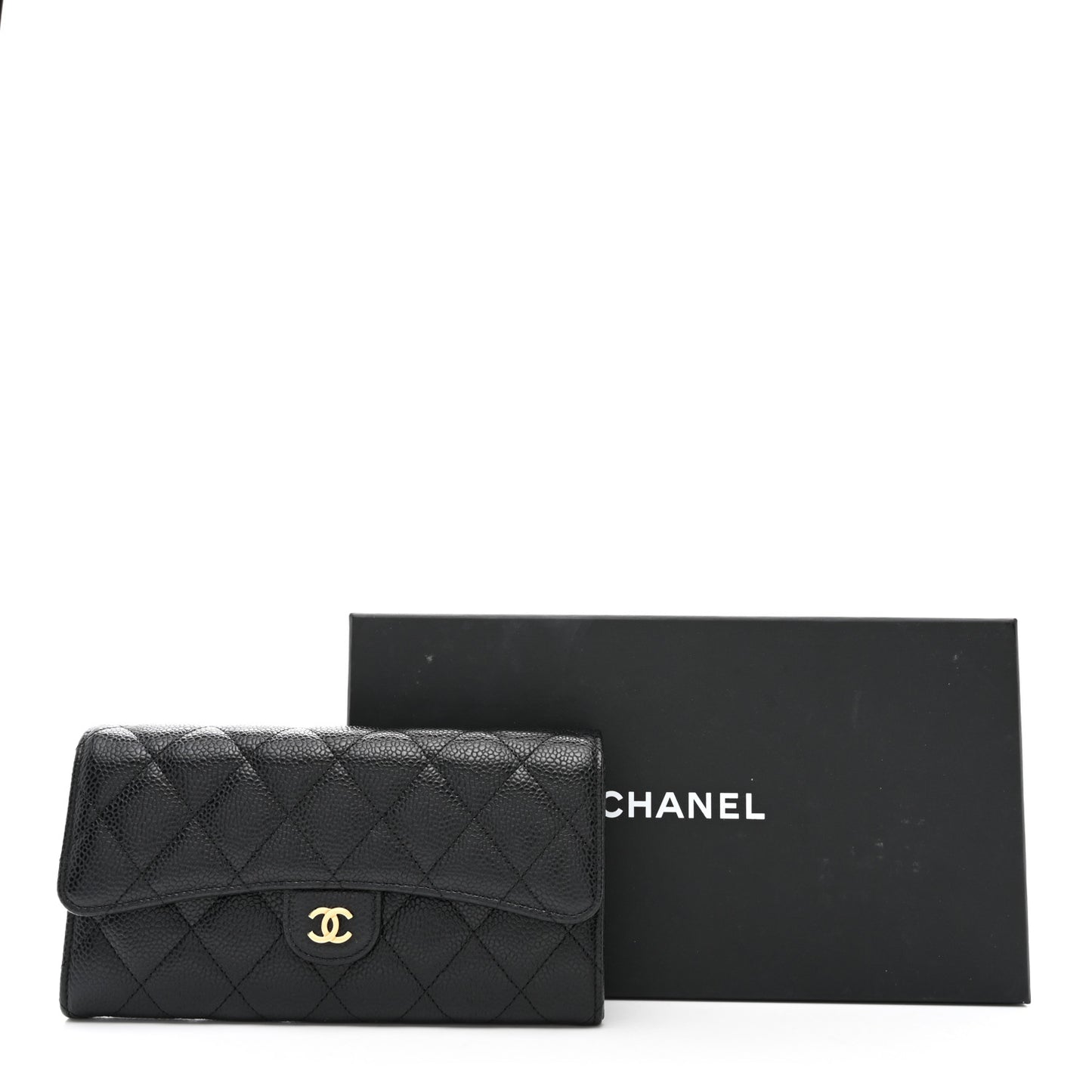Caviar Quilted Large Gusset Flap Wallet Black