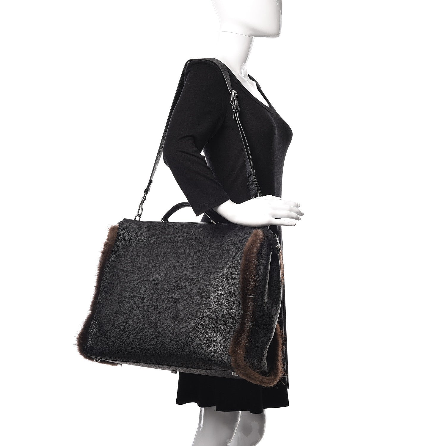 Fendi Calfskin Romano Mink Fur Selleria Large Peekaboo Essential Iconic Satchel Black 2 of 10