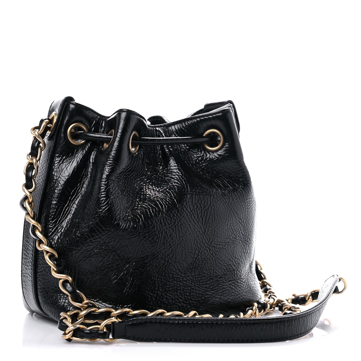 Shiny Aged Calfskin CC Chain Mini Drawstring Bag Black