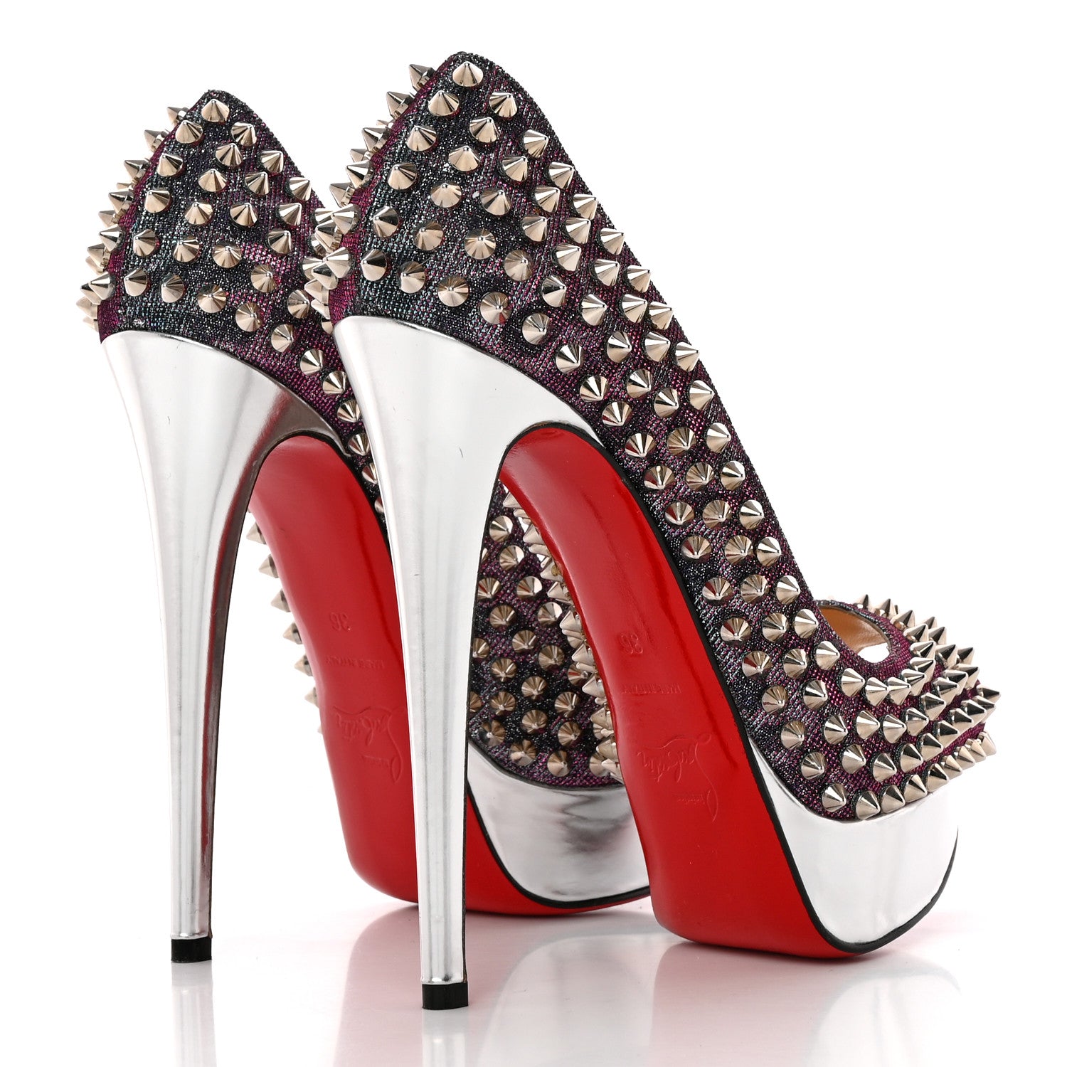 Christian Louboutin Lame Satin Lady Peep Spikes 150 Pumps 36 Turquoise Violet Silver 4 of 13