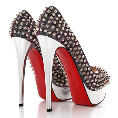 Christian Louboutin Lame Satin Lady Peep Spikes 150 Pumps 36 Turquoise Violet Silver 4 of 13
