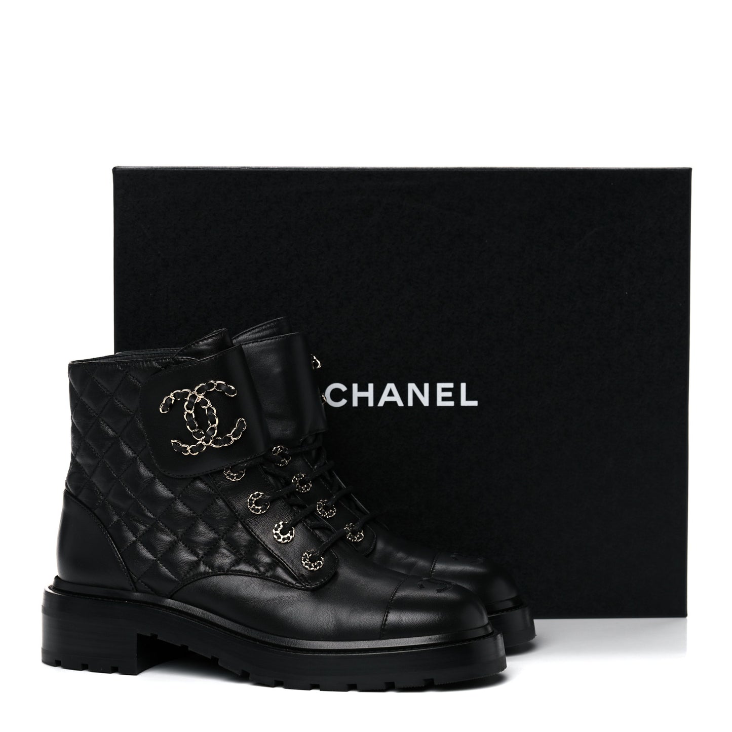 Shiny Lambskin Quilted Lace Up Combat Boots 39.5 Black