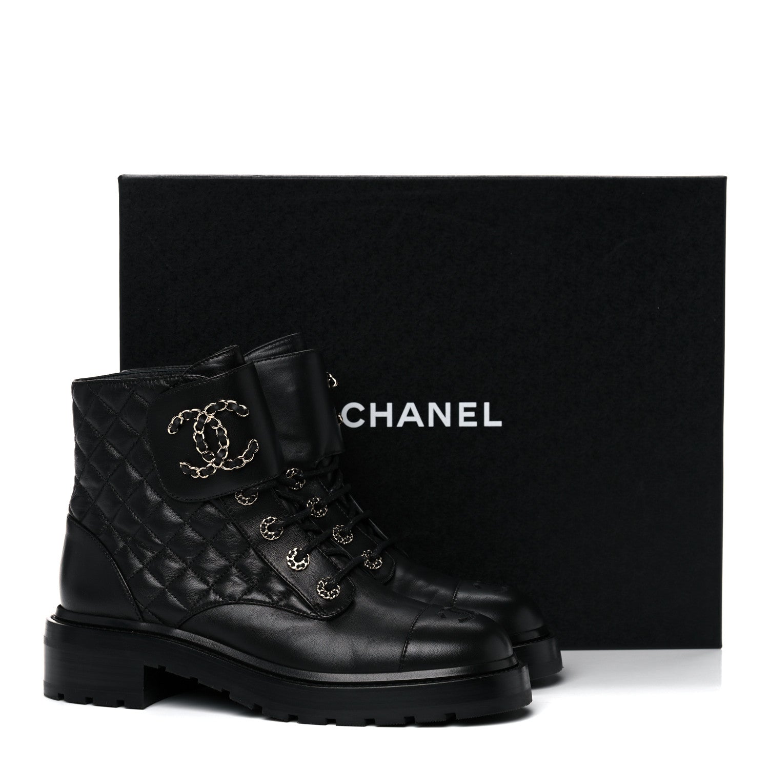 Chanel Shiny Lambskin Quilted Lace Up Combat Boots 39.5 Black 12 of 12