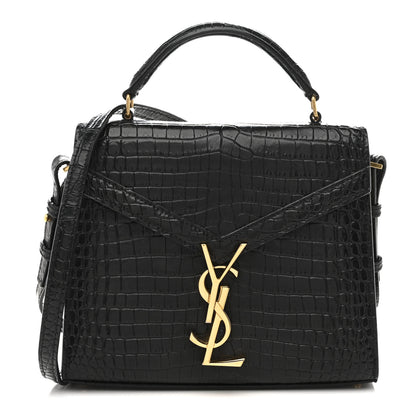 Saint Laurent Calfskin Crocodile Embossed Mini Classic Monogram Cassandra Top Handle Black 1 of 14