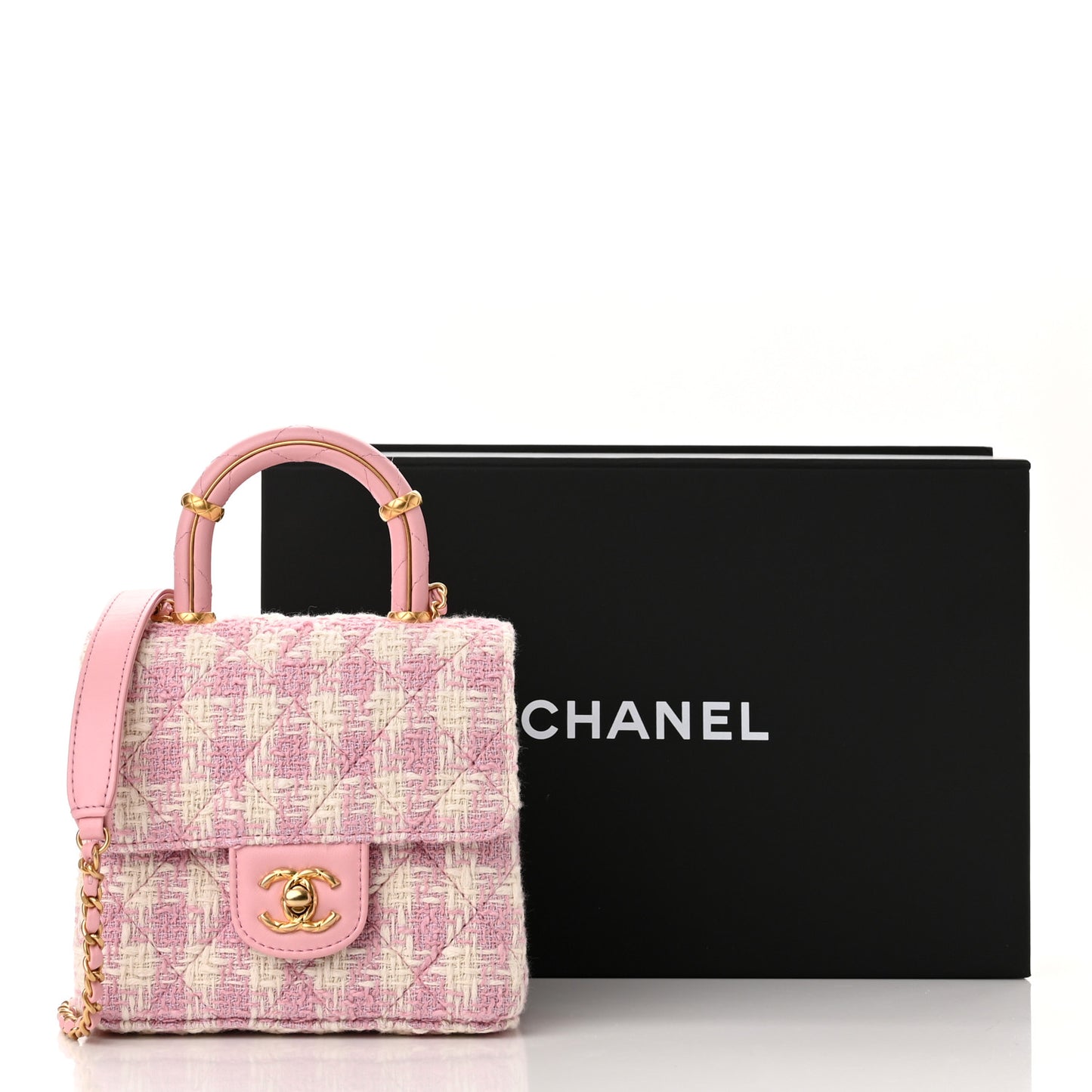 Tweed Handle Crush Top Handle Flap Bag Pink Ecru
