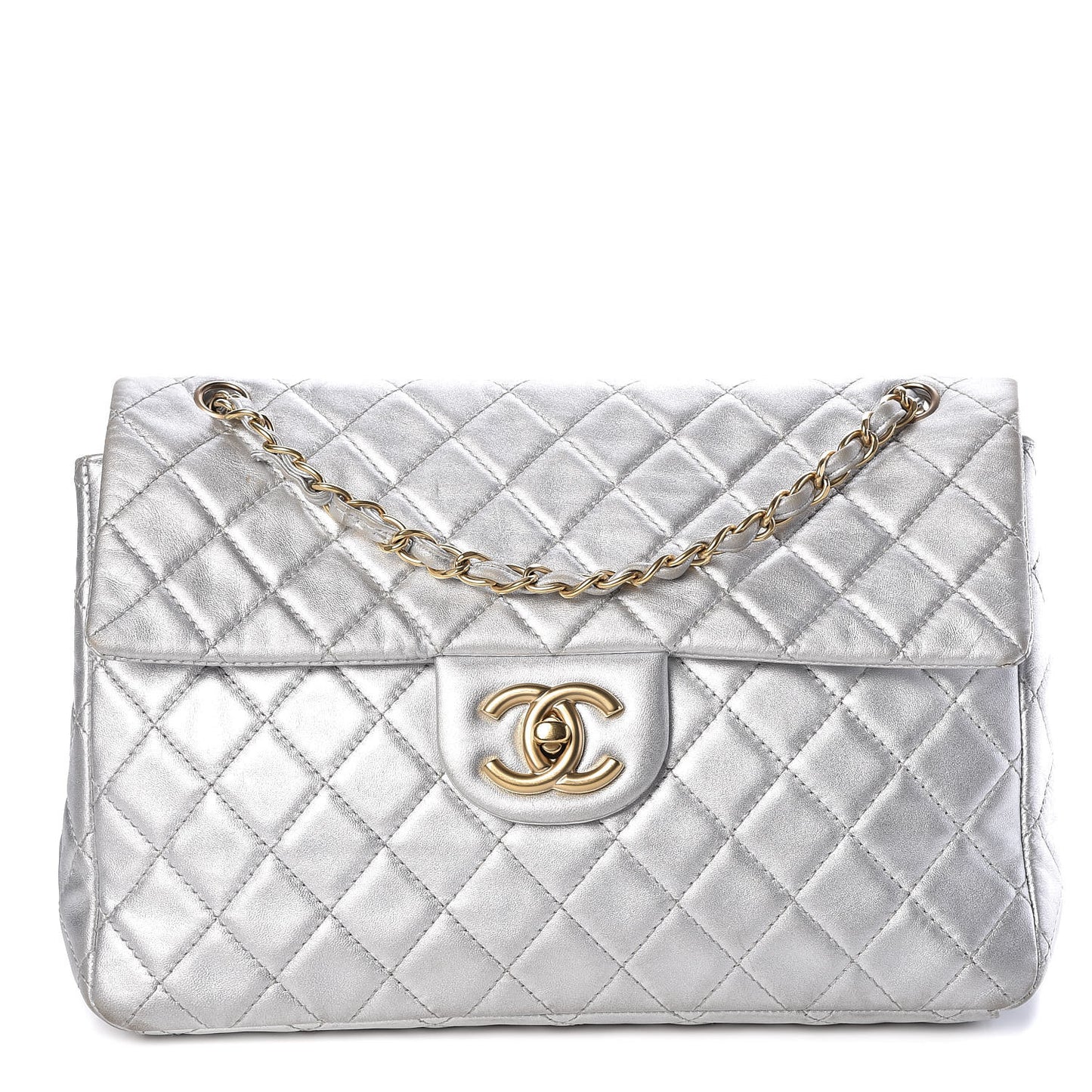 Metallic Lambskin Quilted Maxi Single Flap Silver