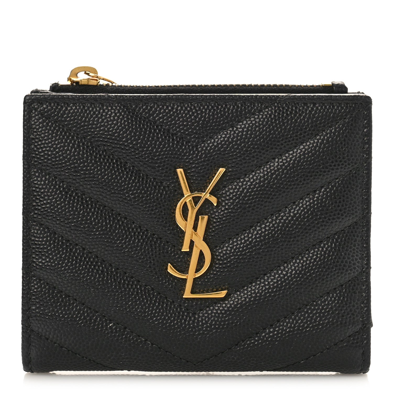 Saint Laurent Grain De Poudre Matelasse Chevron Monogram Zipped Card Case Black 1 of 9