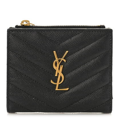 Saint Laurent Grain De Poudre Matelasse Chevron Monogram Zipped Card Case Black 1 of 9