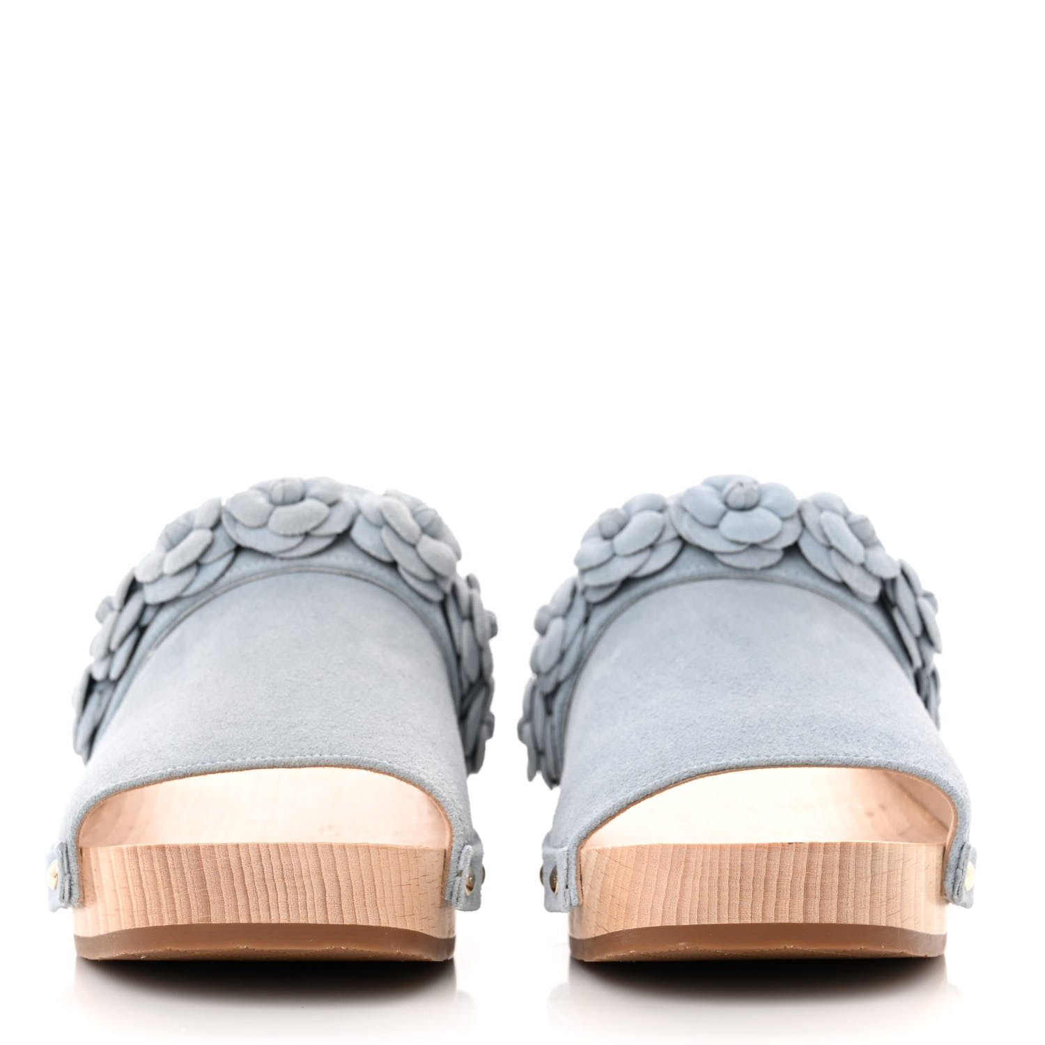 Chanel Suede Calfskin Camellia Mules 38 Light Blue 2 of 9