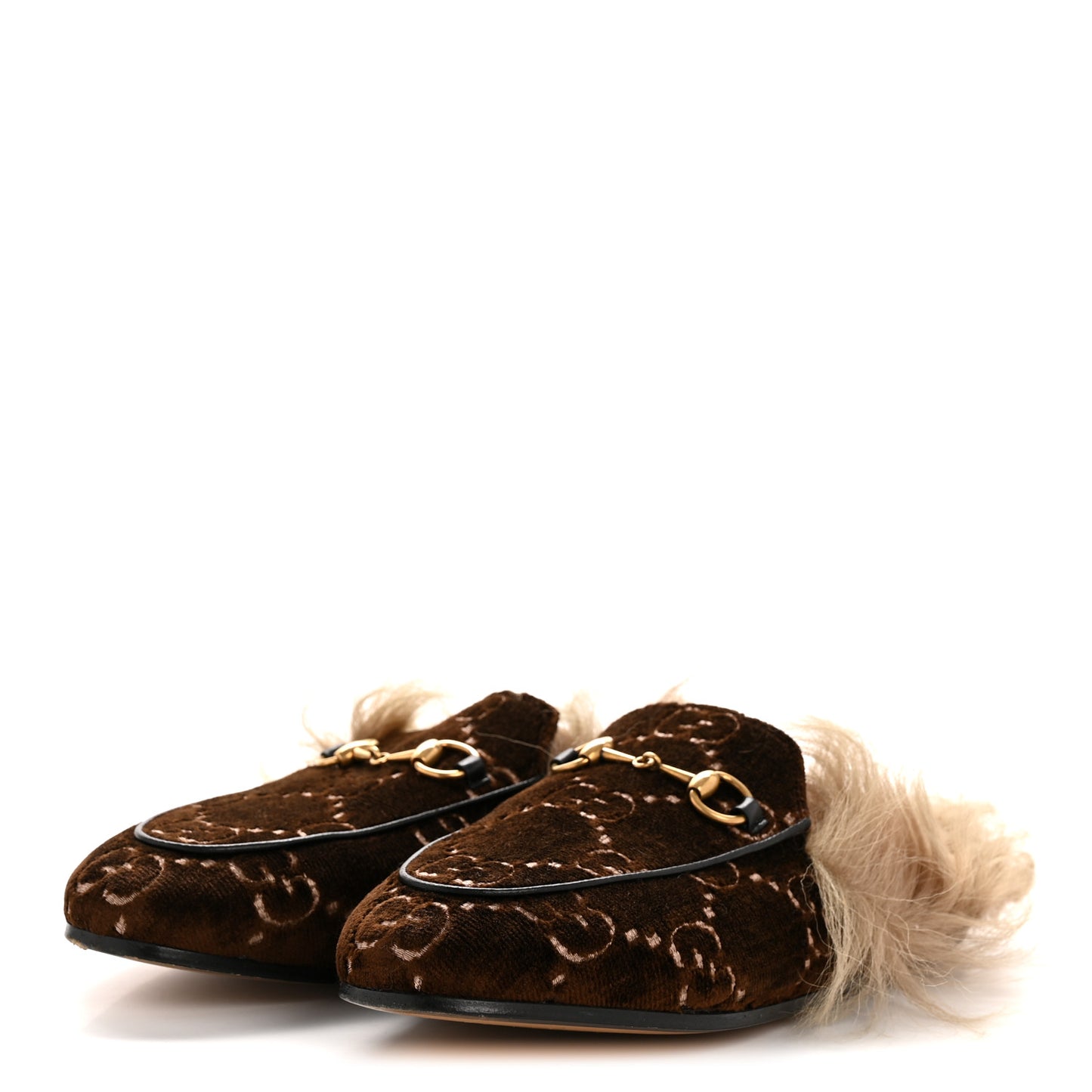 Velvet GG Monogram Fur Womens Princetown Slippers 36.5 Brown Black Natural