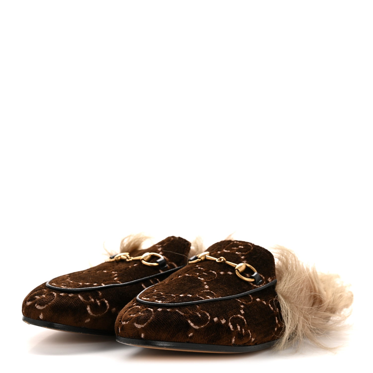 Gucci Velvet GG Monogram Fur Womens Princetown Slippers 36.5 Brown Black Natural 4 of 8
