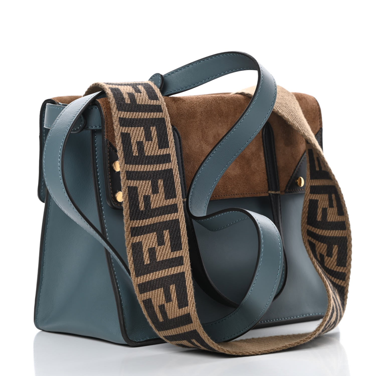 Fendi Vitello Grace Suede Small Flip Tote Azzurro Merlino Marrone Black 5 of 13