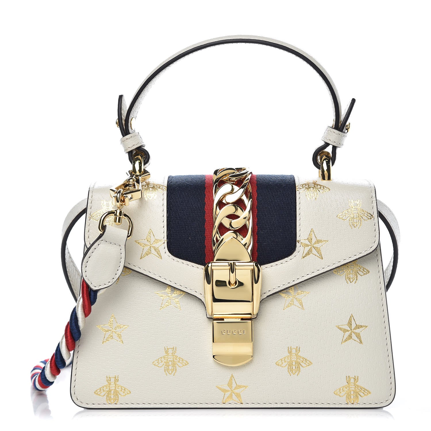 Gucci Textured Calfskin Bee Star Print Mini Sylvie Top Handle Bag Mystic White 1 of 7