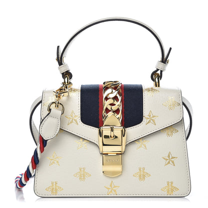 Gucci Textured Calfskin Bee Star Print Mini Sylvie Top Handle Bag Mystic White 1 of 7