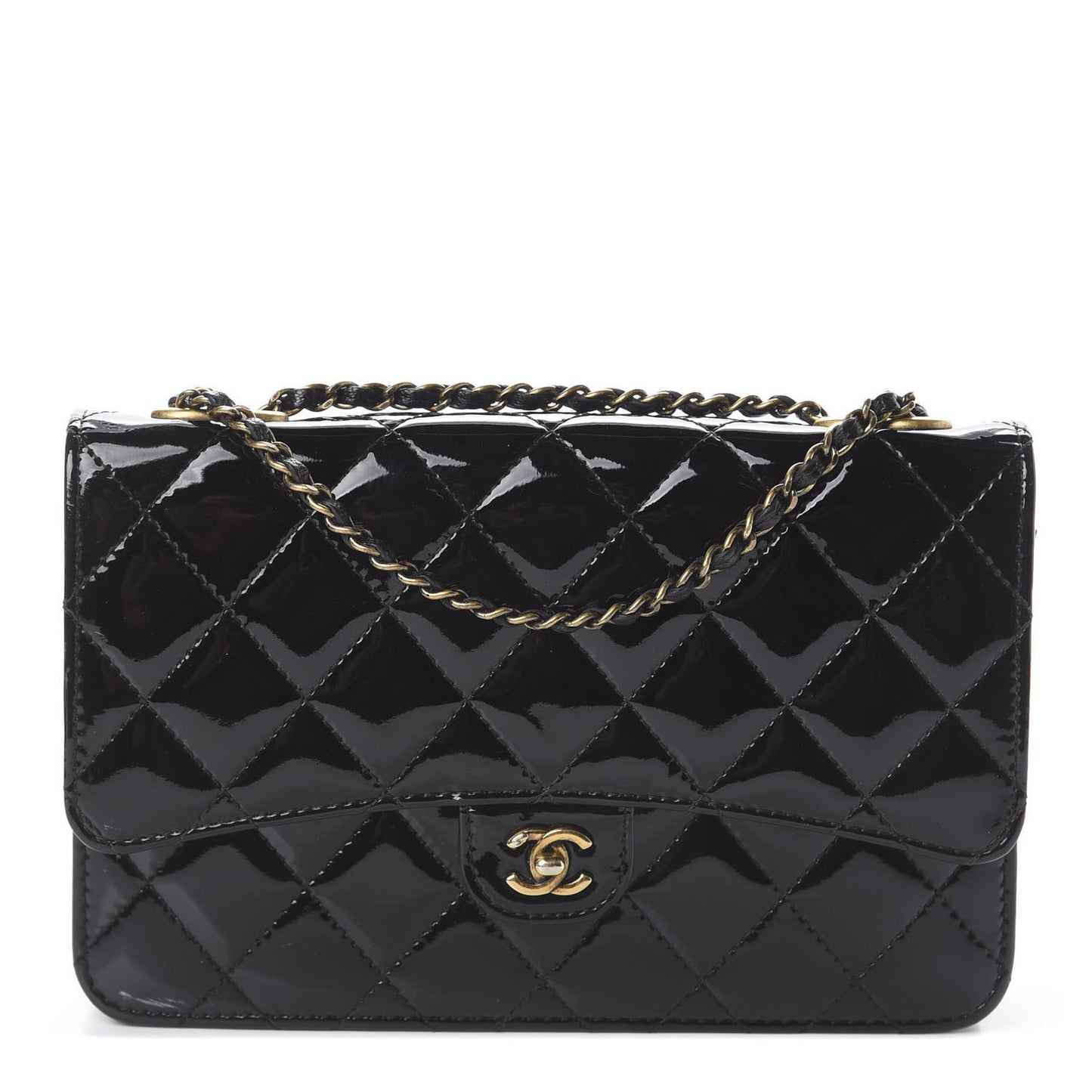 Patent Goatskin Quilted CC Eyelet Wallet On Chain WOC Black